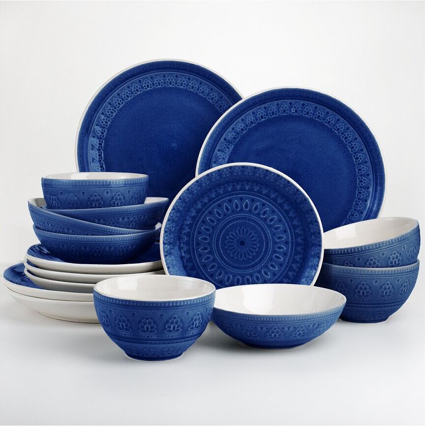 Euro Ceramica Fez 16pc Double Bowl Dinnerware Set Blue NoSize