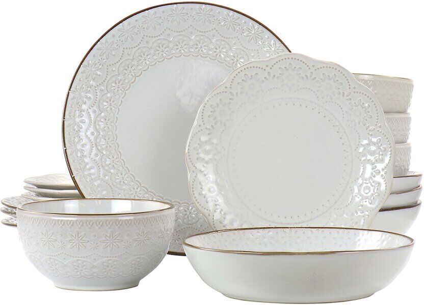 Elama Countess 16pc Embossed Double Bowl Stoneware Dinnerware Set NoColor NoSize