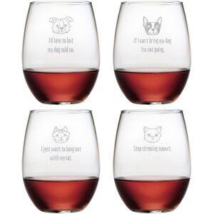 Susquehanna Glass Set of 4 Cats & Dogs Assortment Stemless Wine Tumblers NoColor NoSize