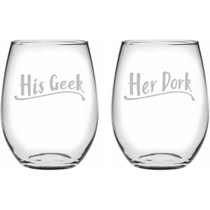 Susquehanna Glass Set of 2 His Geek & Her Dork Stemless Wine Glasses NoColor 21oz