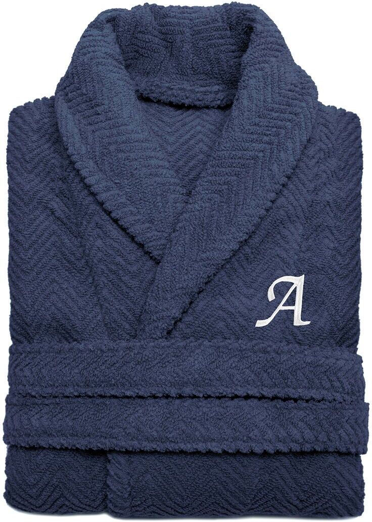 Linum Home Textiles Unisex Herringbone Weave Bathrobe (Monogram, A-Z) Blue v