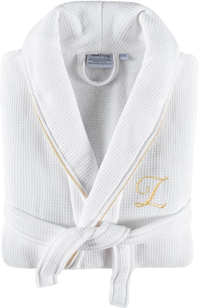 Linum Home Textiles Hotel Monogram Turkish Cotton Waffle Terry Bathrobe with Satin Piped Trim (A-Z) in Large/Extra Large NoColor v