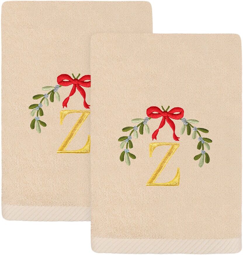 Linum Home Textiles Set of 2 Christmas Mistletoe Monogram Embroidered Luxury Turkish Cotton Hand Towels (A-Z) Brown v