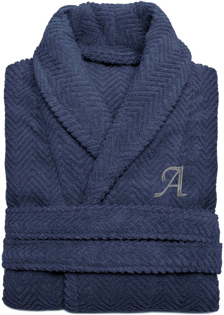 Linum Home Textiles Unisex Herringbone Weave Bathrobe (Monogram, A-Z) Blue v