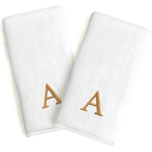 Linum Home Textiles Set of 2 Monogrammed Luxury Turkish Cotton Novelty Hand Towels Bookman Gold Font White s