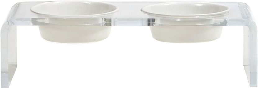 Hiddin Small Clear Double Bowl Pet Feeder, 3.5 Cup White Bowls White 1 Quart