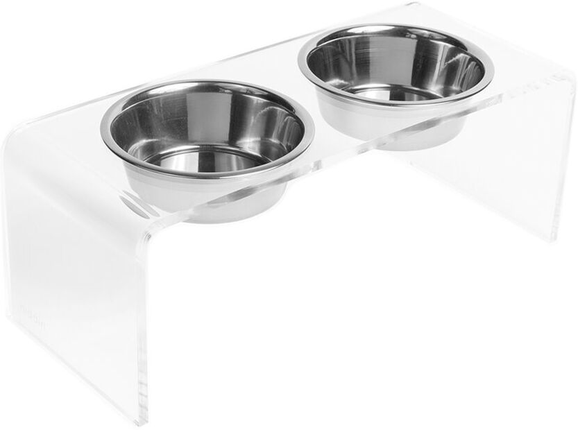 Hiddin Medium Clear Double Bowl Pet Feeder, 6.5 Cup Silver Bowls Silver 2 Quarts