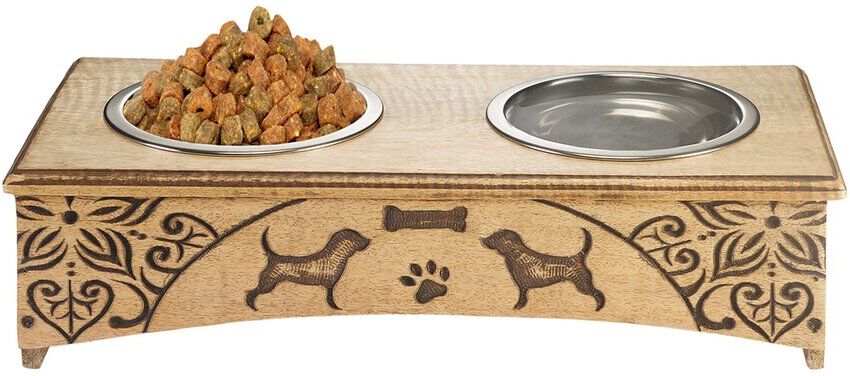 LR Home Handmade Engraved Wood Elevated Double Pet Feeder Brown NoSize