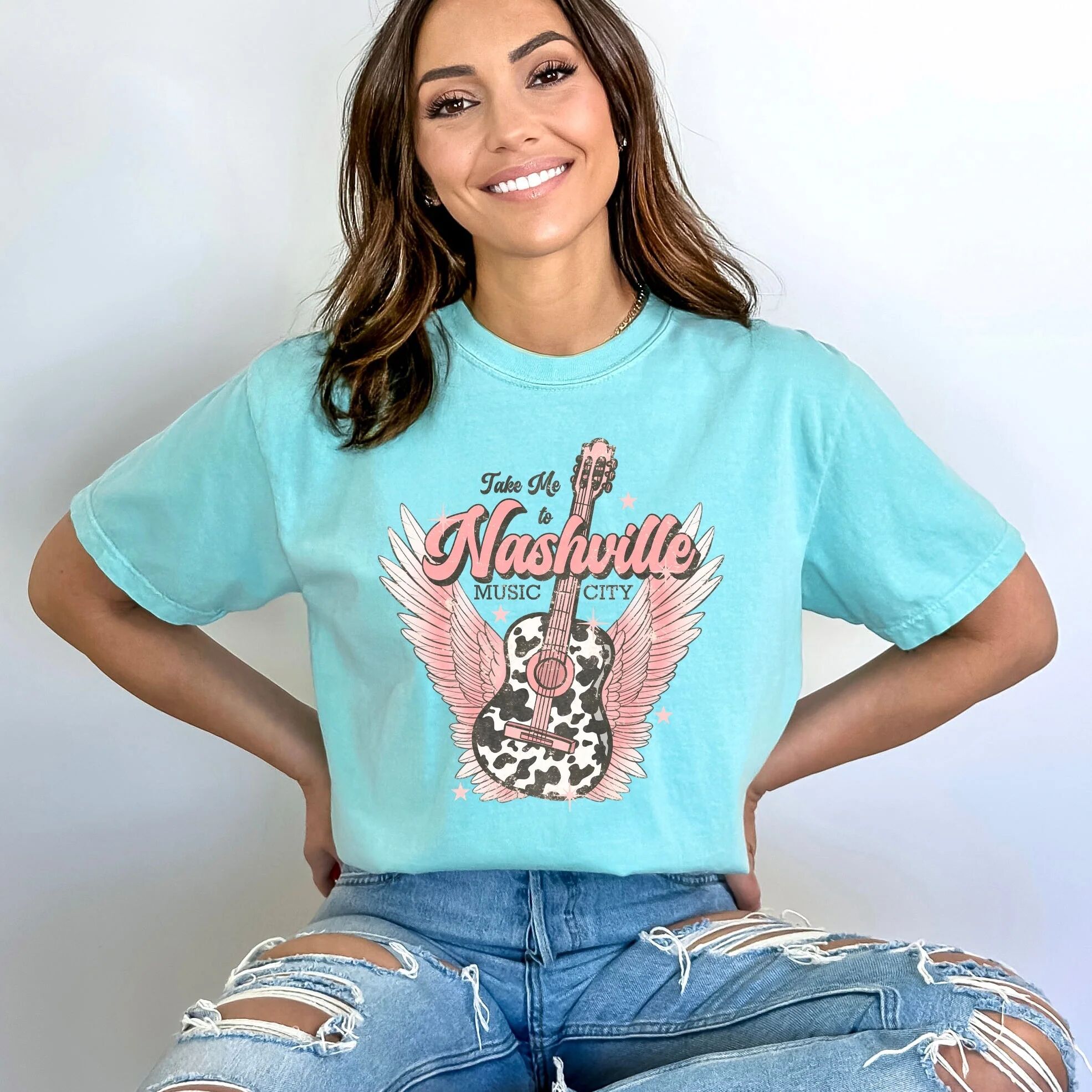 Simply Sage Market Clearance Take Me to Nashville Winged Guitar Garment Dyed Short Sleeve Tee
