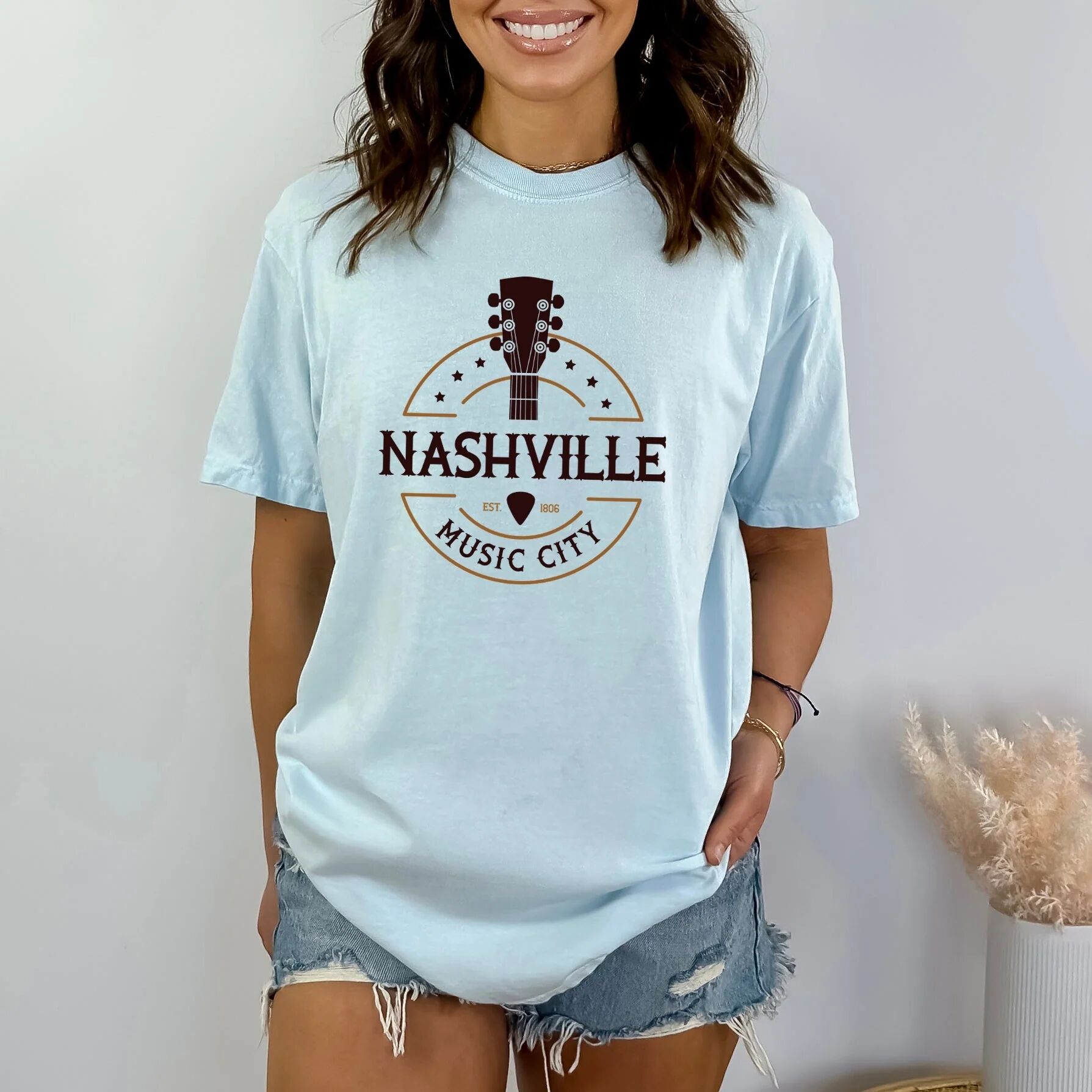 Simply Sage Market Clearance Nashville Music City Guitar Garment Dyed Short Sleeve Tee