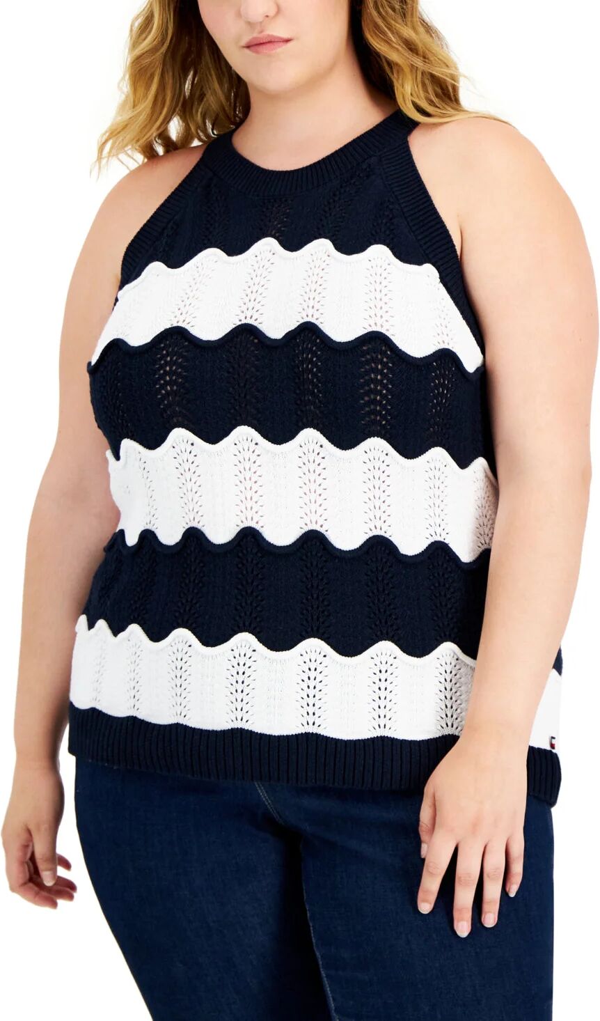 Tommy Hilfiger Women's Scallop Stripe Sleeveless Sweater Tank Top Blue Size 2X