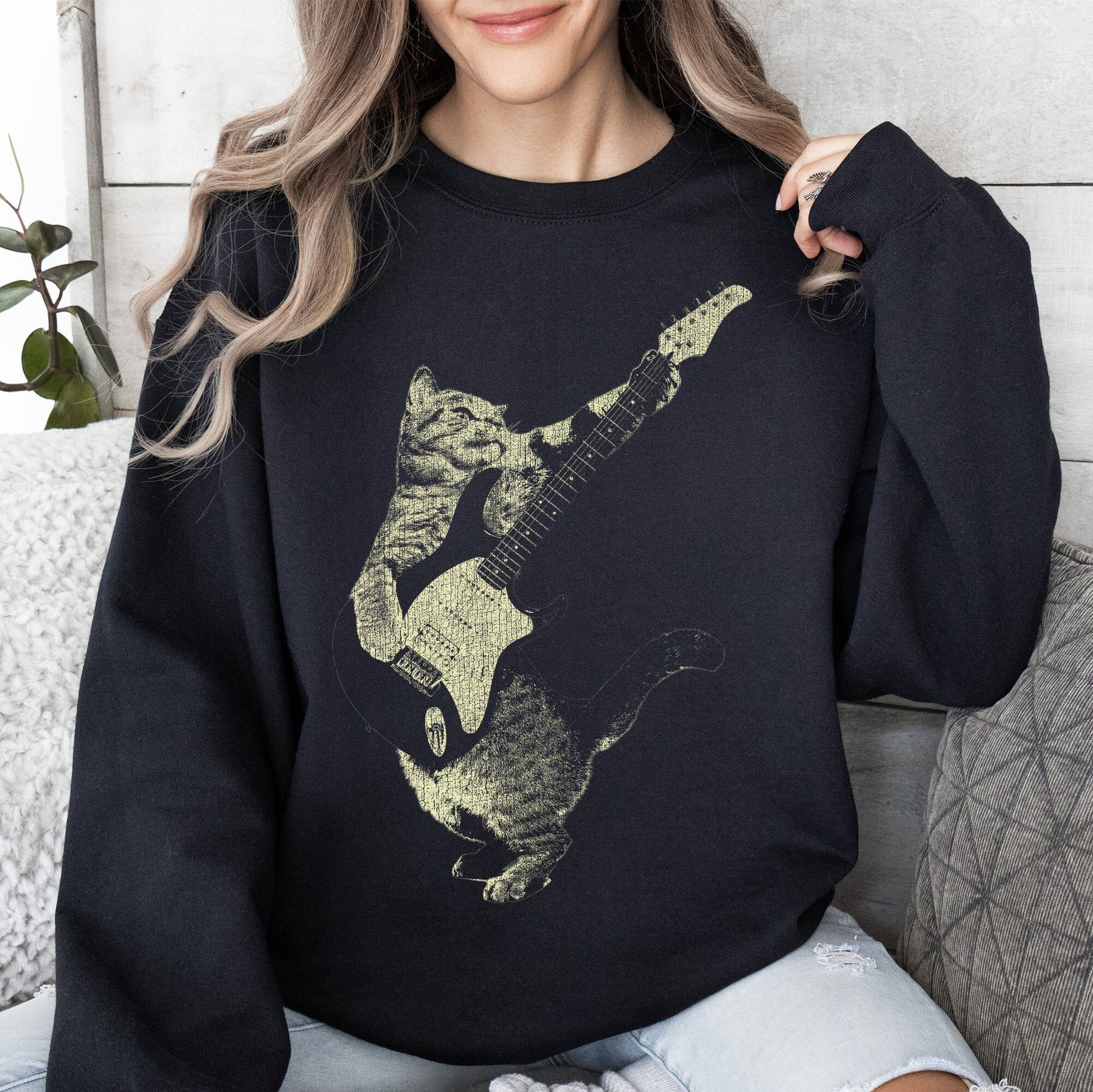 Refinery No. 1 Cat Playing a Guitar, Funny Animals Sweatshirt Large