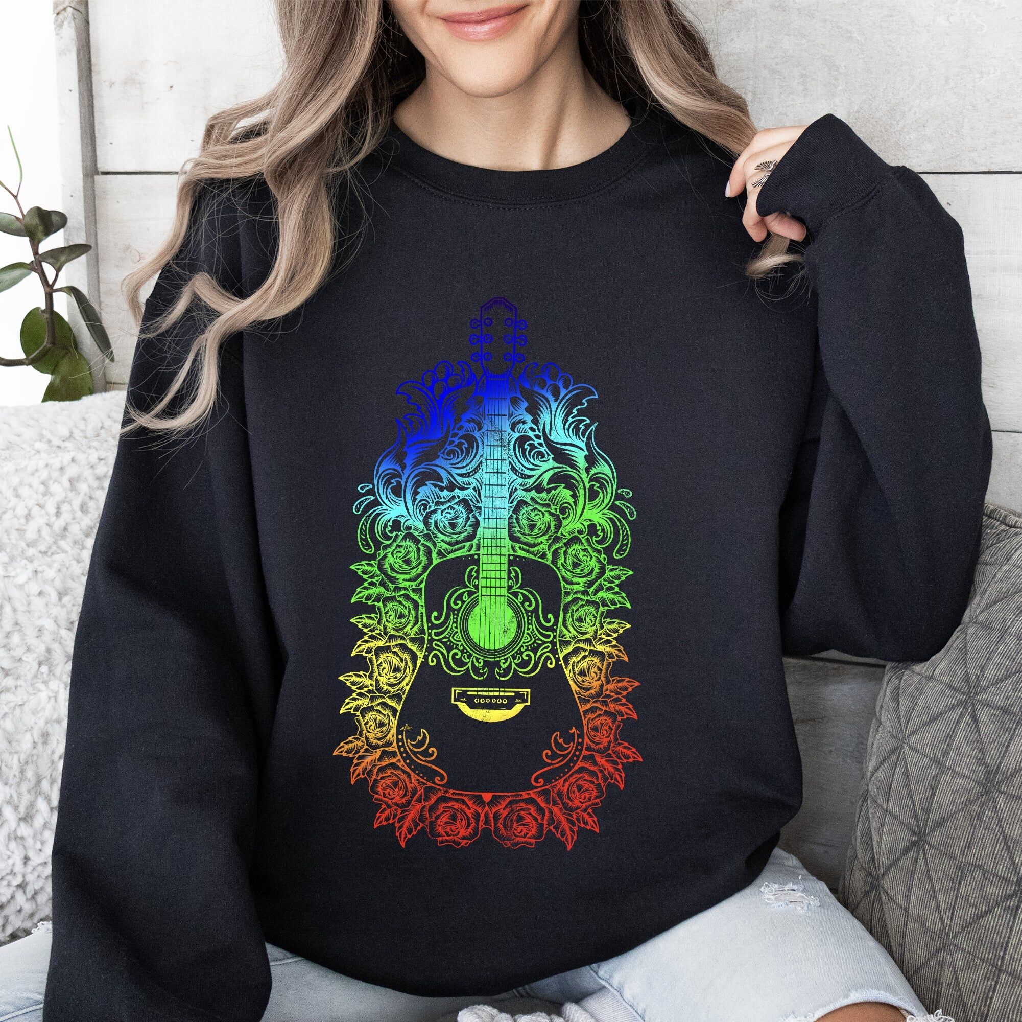 Refinery No. 1 Guitar With Roses, Colorful Sweatshirt Large