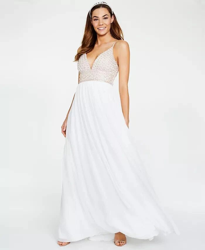 Say What Say Yes to the Prom Juniors' Beaded-Bodice Chiffon Gown White Size 1
