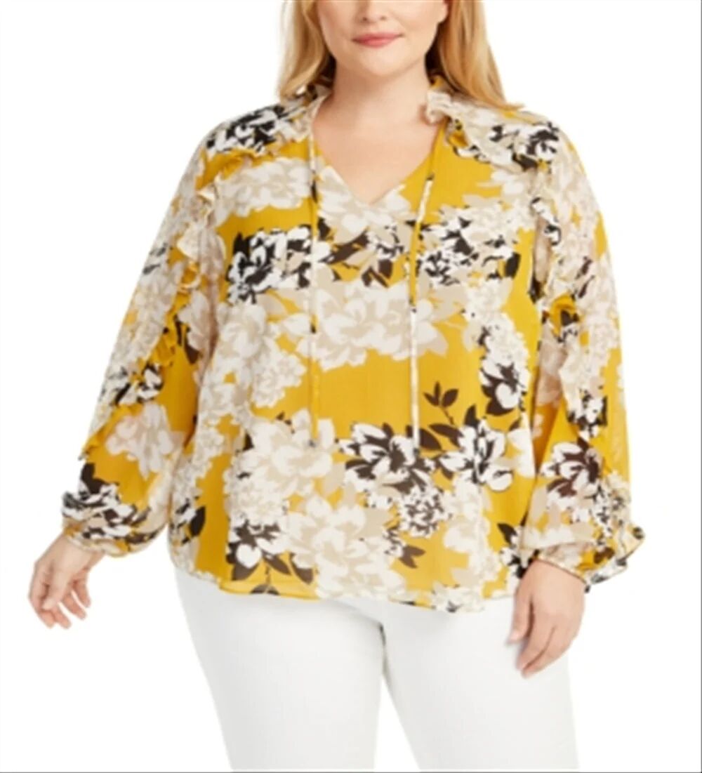 Calvin Klein Women's Floral Print Ruffle Top Yellow Size 3X