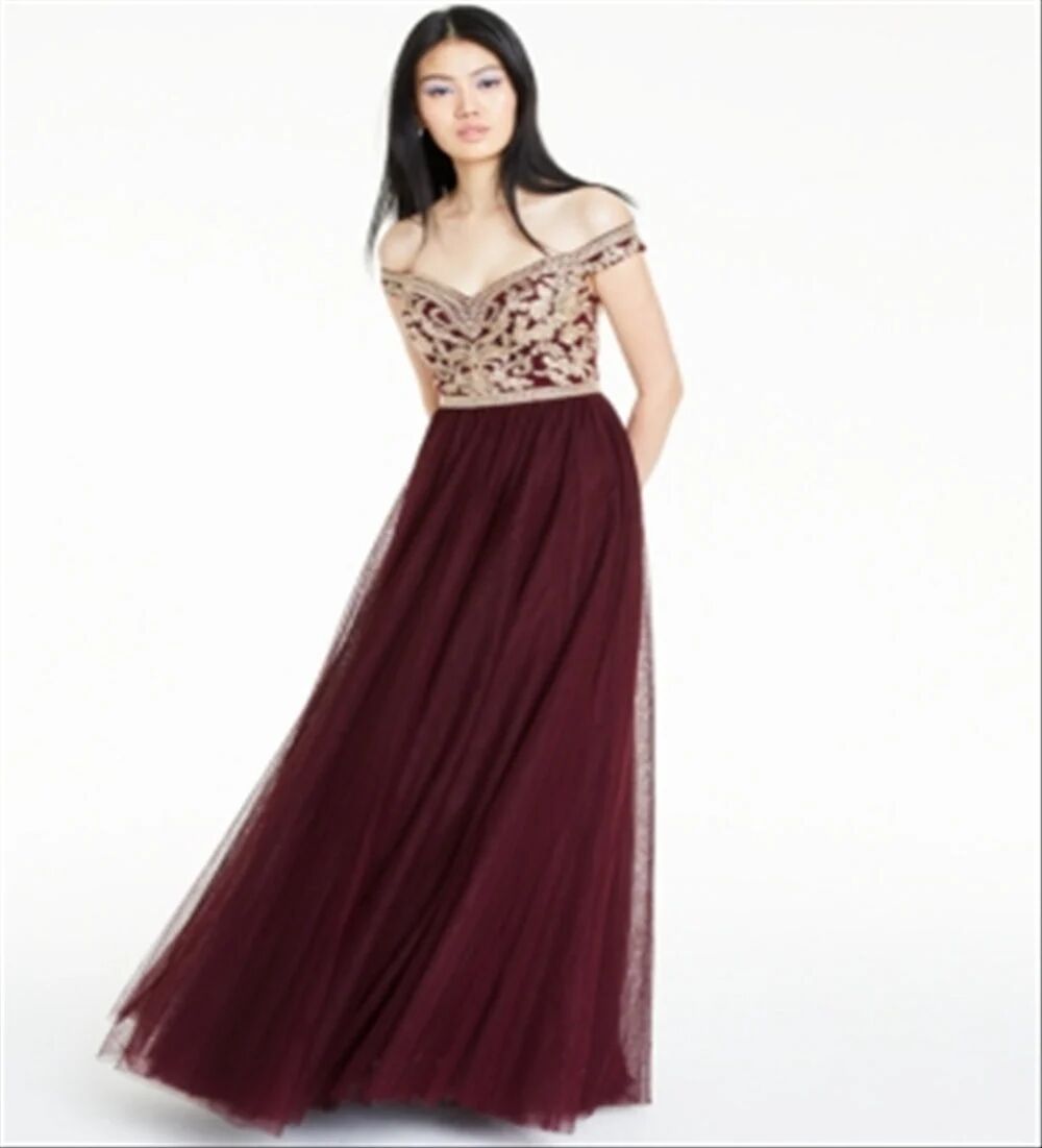 Say Yes to the Prom Junior's Embellished Off the Shoulder Gown Wine Size 9