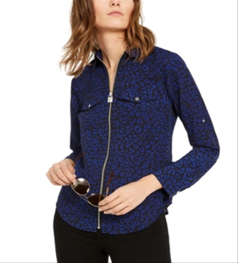 Michael Kors Women's Cheetah Dog Tag Shirt Blue Size X-Small