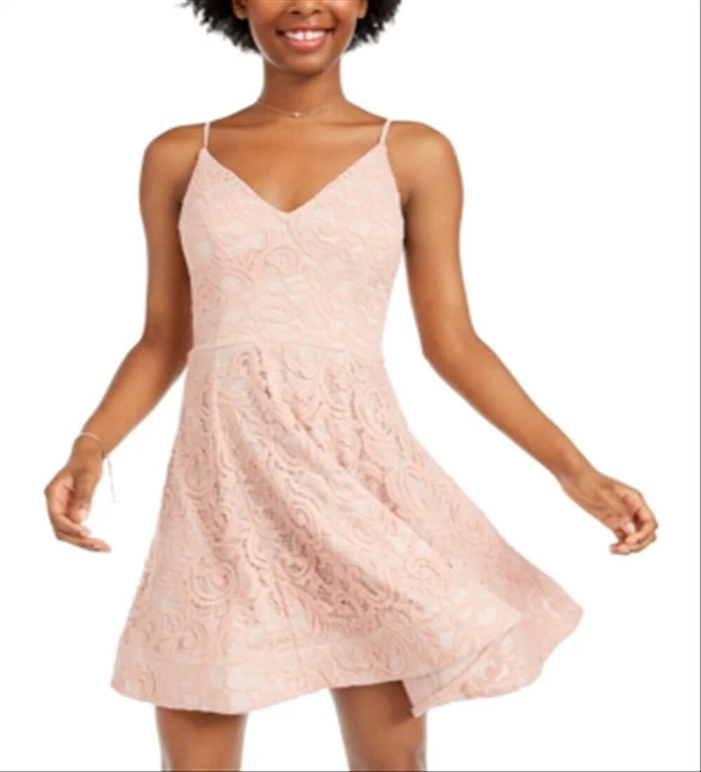 Sequin Hearts Women's Textured Lace Spaghetti Strap Sweetheart Neckline Short Fit Flare Party Dress Pink Size 0