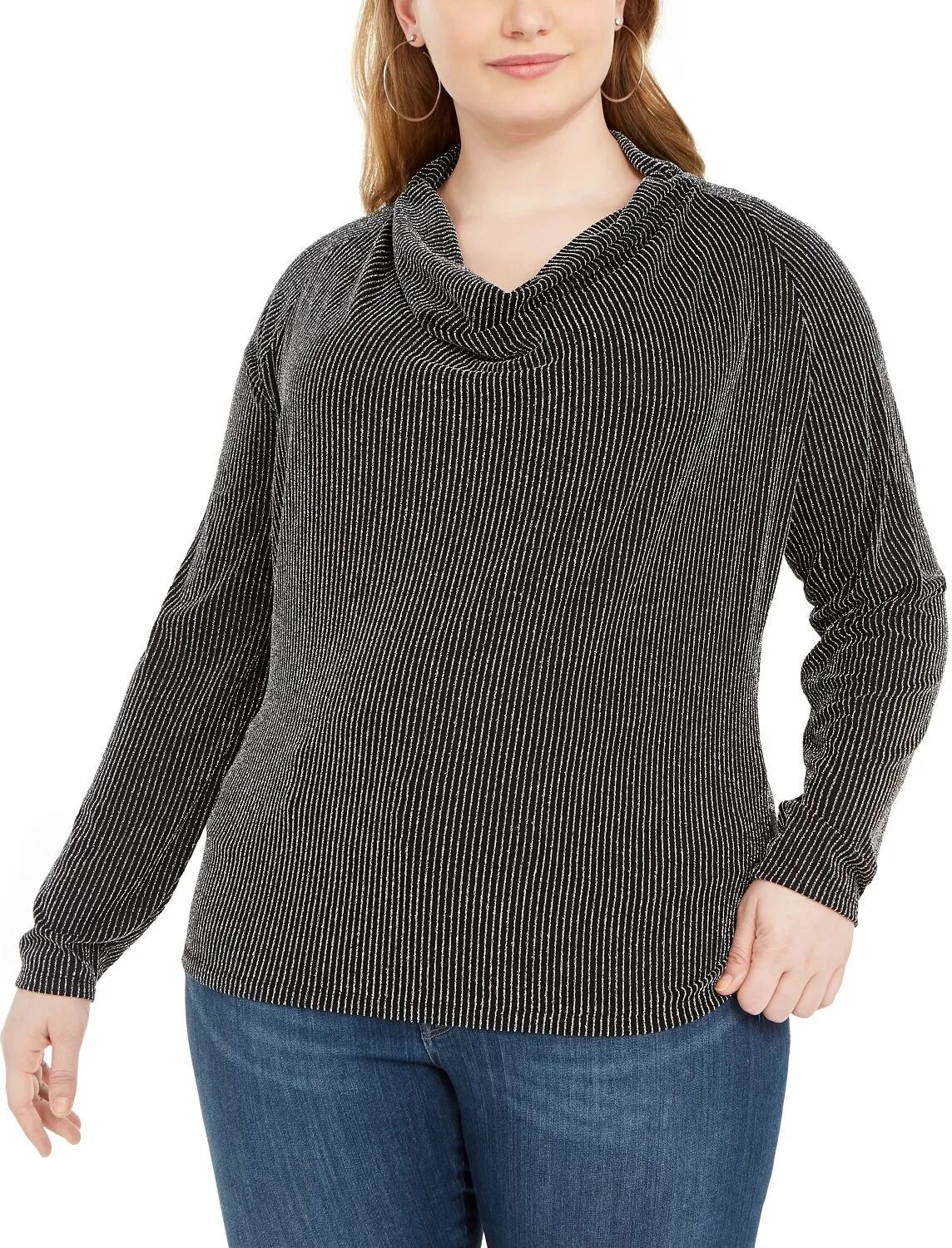 Michael Kors Women's Plus Size Metallic-Stripe Cowlneck Sweater Gray Size 2X