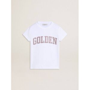 Golden Goose - Girls' White T-shirt With Pink Glitter Golden Lettering, , Size: 6