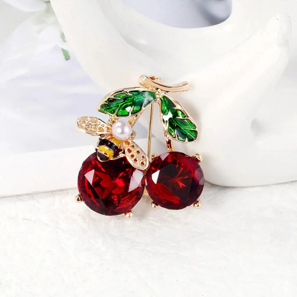 Mounteen Cherry & Honey Bee Brooch With Imitation Gemstones