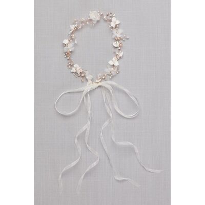 3D Flower Ribbon-Tie Headband With Pearls in Rose Gold David's Bridal 3D Flower Ribbon-Tie Headband With Pearls in Rose Gold David's Bridal