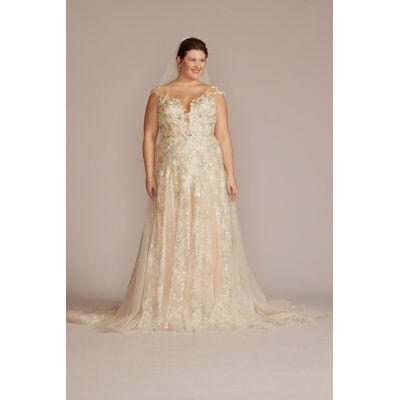 As Is Illusion Embellished Wedding Gown in Dark Champagne/Ivory Cashmere Size: 26W David's Bridal As Is Illusion Embellished Wedding Gown in Dark Champagne/Ivory Cashmere Size: 26W David's Bridal