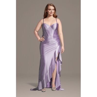 Jules and Cleo Sculpting Satin V-Neck Corset Ruffle Sheath Dress in Lavender Size: 3X David's Bridal Jules and Cleo Sculpting Satin V-Neck Corset Ruffle Sheath Dress in Lavender Size: 3X David's Bridal