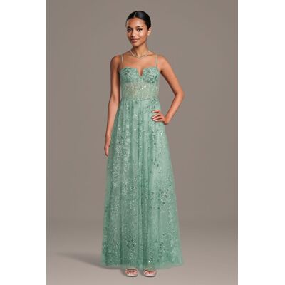 Jules and Cleo Ruched Glitter Illusion Corset A-Line Dress in Green Size: 23 David's Bridal Jules and Cleo Ruched Glitter Illusion Corset A-Line Dress in Green Size: 23 David's Bridal