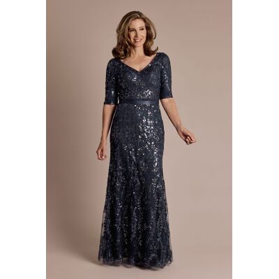 Oleg Cassini Beaded Sequin Lace Dress With Elbow-Length Sleeves in Navy Size: 6 David's Bridal Oleg Cassini Beaded Sequin Lace Dress With Elbow-Length Sleeves in Navy Size: 6 David's Bridal