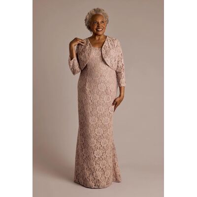 Oleg Cassini Allover Lace Three-Quarter Sleeve Jacket Dress in Blush Size: 22W David's Bridal Oleg Cassini Allover Lace Three-Quarter Sleeve Jacket Dress in Blush Size: 22W David's Bridal
