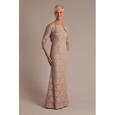 Oleg Cassini Allover Lace Three-Quarter Sleeve Jacket Dress in Blush Size: 4 David's Bridal Oleg Cassini Allover Lace Three-Quarter Sleeve Jacket Dress in Blush Size: 4 David's Bridal