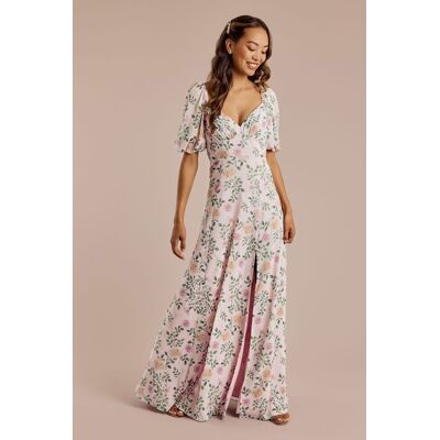 Celebrate DB Studio Floral Chiffon Short Sleeve A-Line Dress in Light Pink Floral Print Size: 12 David's Bridal Celebrate DB Studio Floral Chiffon Short Sleeve A-Line Dress in Light Pink Floral Print Size: 12 David's Bridal