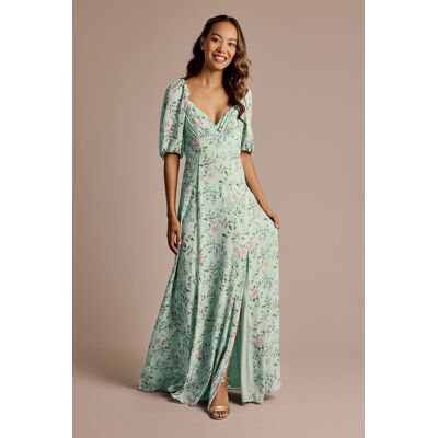 Celebrate DB Studio Floral Chiffon Short Sleeve A-Line Dress in Dusty Sage Rose Floral Print Size: 2 David's Bridal Celebrate DB Studio Floral Chiffon Short Sleeve A-Line Dress in Dusty Sage Rose Floral Print Size: 2 David's Bridal