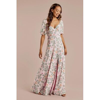 Celebrate DB Studio Floral Chiffon Short Sleeve A-Line Dress in Light Pink Floral Print Size: 0 David's Bridal Celebrate DB Studio Floral Chiffon Short Sleeve A-Line Dress in Light Pink Floral Print Size: 0 David's Bridal