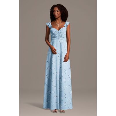 Celebrate DB Studio Floral Chiffon Ruffle Sleeve Ruched A-Line Dress in Dusty Blue Vintage Floral Print Size: 1X David's Bridal Celebrate DB Studio Floral Chiffon Ruffle Sleeve Ruched A-Line Dress in Dusty Blue Vintage Floral Print Size: 1X David's Bridal
