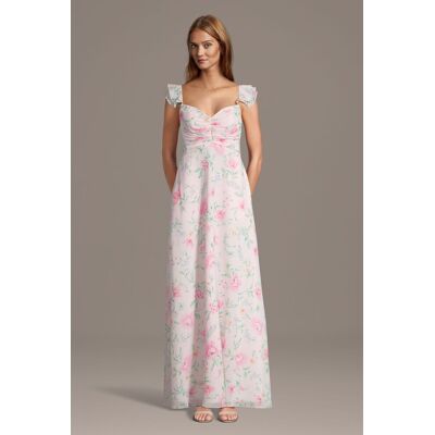 Celebrate DB Studio Floral Chiffon Ruffle Sleeve Ruched A-Line Dress in Multi Garden Floral Print Size: Small David's Bridal Celebrate DB Studio Floral Chiffon Ruffle Sleeve Ruched A-Line Dress in Multi Garden Floral Print Size: Small David's Bridal