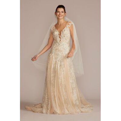As Is Illusion Embellished Drop Waist Wedding Gown in Dark Champagne/Ivory Cashmere Size: 6 David's Bridal As Is Illusion Embellished Drop Waist Wedding Gown in Dark Champagne/Ivory Cashmere Size: 6 David's Bridal
