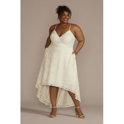 DB Studio High-Low Lace Spaghetti Strap V-Neck Wedding Dress in Ivory Size: 24W David's Bridal DB Studio High-Low Lace Spaghetti Strap V-Neck Wedding Dress in Ivory Size: 24W David's Bridal