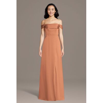 Celebrate DB Studio Matte Satin Off-The-Shoulder Cowl Neck Sheath Dress in Terracotta Size: 4X David's Bridal Celebrate DB Studio Matte Satin Off-The-Shoulder Cowl Neck Sheath Dress in Terracotta Size: 4X David's Bridal