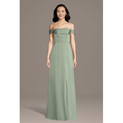 Celebrate DB Studio Matte Satin Off-The-Shoulder Cowl Neck Sheath Dress in Dusty Sage Size: Medium David's Bridal Celebrate DB Studio Matte Satin Off-The-Shoulder Cowl Neck Sheath Dress in Dusty Sage Size: Medium David's Bridal