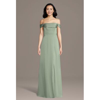 Celebrate DB Studio Matte Satin Off-The-Shoulder Cowl Neck Sheath Dress in Dusty Sage Size: 1X David's Bridal Celebrate DB Studio Matte Satin Off-The-Shoulder Cowl Neck Sheath Dress in Dusty Sage Size: 1X David's Bridal