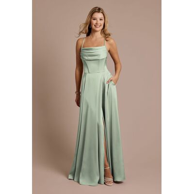 Galina Signature Matte Satin Cowl Neck Spaghetti Strap A-Line Dress in Dusty Sage Size: 0 David's Bridal Galina Signature Matte Satin Cowl Neck Spaghetti Strap A-Line Dress in Dusty Sage Size: 0 David's Bridal