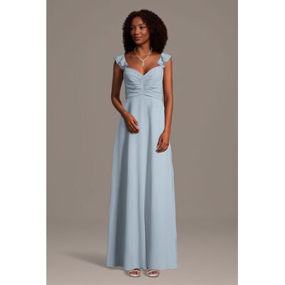 Celebrate DB Studio Chiffon Ruffle Sleeve Ruched A-Line Dress in Dusty Blue Size: Large David's Bridal Celebrate DB Studio Chiffon Ruffle Sleeve Ruched A-Line Dress in Dusty Blue Size: Large David's Bridal