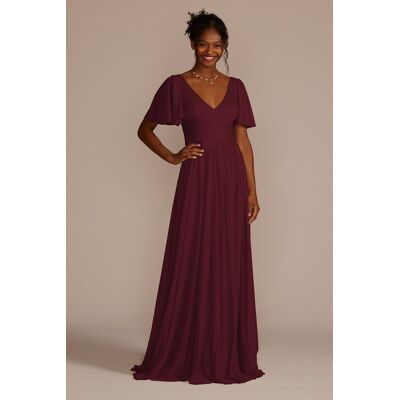 Celebrate DB Studio Flutter Sleeve Crisscross Mesh Bridesmaid Dress in Wine Size: 18 David's Bridal Celebrate DB Studio Flutter Sleeve Crisscross Mesh Bridesmaid Dress in Wine Size: 18 David's Bridal
