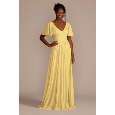 Celebrate DB Studio Flutter Sleeve Crisscross Mesh Bridesmaid Dress in Pale Yellow Size: 26 David's Bridal Celebrate DB Studio Flutter Sleeve Crisscross Mesh Bridesmaid Dress in Pale Yellow Size: 26 David's Bridal