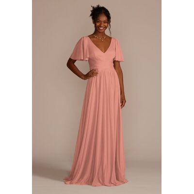 Celebrate DB Studio Flutter Sleeve Crisscross Mesh Bridesmaid Dress in Desert Coral Size: 0 David's Bridal Celebrate DB Studio Flutter Sleeve Crisscross Mesh Bridesmaid Dress in Desert Coral Size: 0 David's Bridal