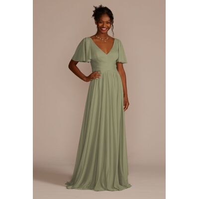 Celebrate DB Studio Flutter Sleeve Crisscross Mesh Bridesmaid Dress in Eucalyptus Size: 28 David's Bridal Celebrate DB Studio Flutter Sleeve Crisscross Mesh Bridesmaid Dress in Eucalyptus Size: 28 David's Bridal