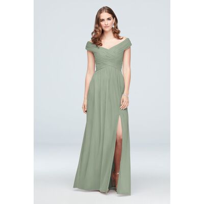 Celebrate DB Studio Crisscross Off-The-Shoulder Mesh Bridesmaid Dress in Dusty Sage Size: 24 David's Bridal Celebrate DB Studio Crisscross Off-The-Shoulder Mesh Bridesmaid Dress in Dusty Sage Size: 24 David's Bridal