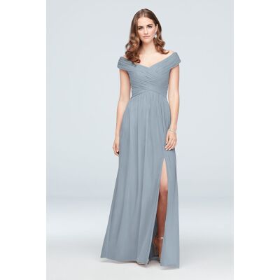 Celebrate DB Studio Crisscross Off-The-Shoulder Mesh Bridesmaid Dress in Dusty Blue Size: 22 David's Bridal Celebrate DB Studio Crisscross Off-The-Shoulder Mesh Bridesmaid Dress in Dusty Blue Size: 22 David's Bridal